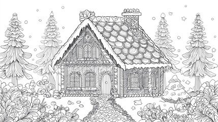 Naklejka premium Fairy tale gingerbread house in a snowy forest, coloring page line art illustration.