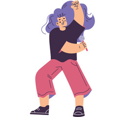 Woman with Wavy Purple Hair and Pink Pants Dancing with a White Flower and Fist Raised in a Studio Against a White Background