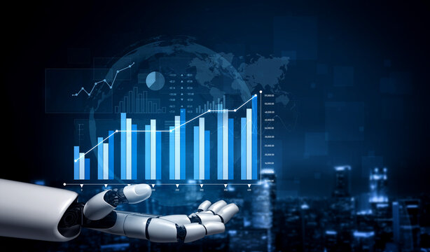 A robotic hand showcases a digital stock market graph, illustrating growth in financial data with a futuristic city skyline in the backdrop, symbolizing innovation. Scalp - Powered by Adobe