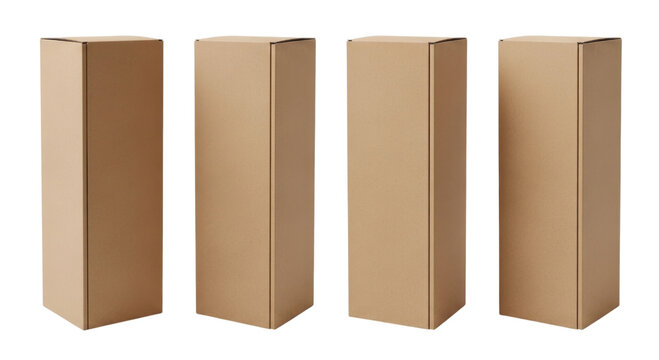 Four tall cardboard boxes standing upright transparent background cutout png