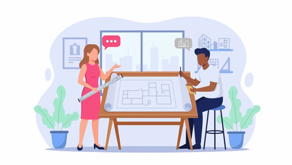 Two designers collaborating on an architectural blueprint in a modern office setting with plants and diagrams on the wall