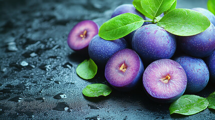 Stunning Fresh Purple Plums with Green Leaves on Dark Wet Surface
