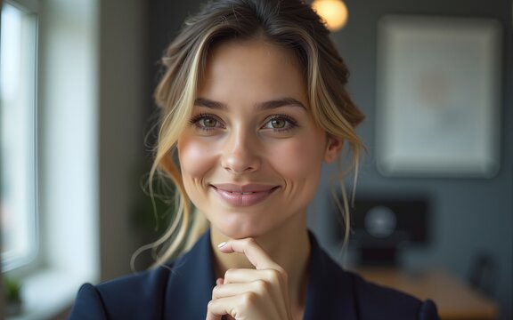 Thoughtful businesswoman with hand on chin at office. High quality - Powered by Adobe