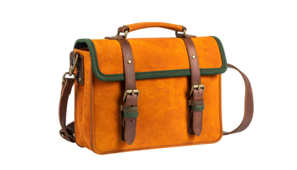 A bright orange leather satchel with brown straps, green trim, and a carrying handle
