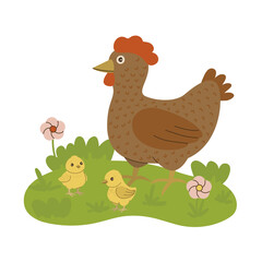 Vector illustration of a hen with her two chicks standing on grass surrounded by flowers. The image uses simplicity and vibrant colors to depict a natural farm scene.