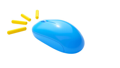 A bright blue computer mouse with radiating yellow lines on a black background