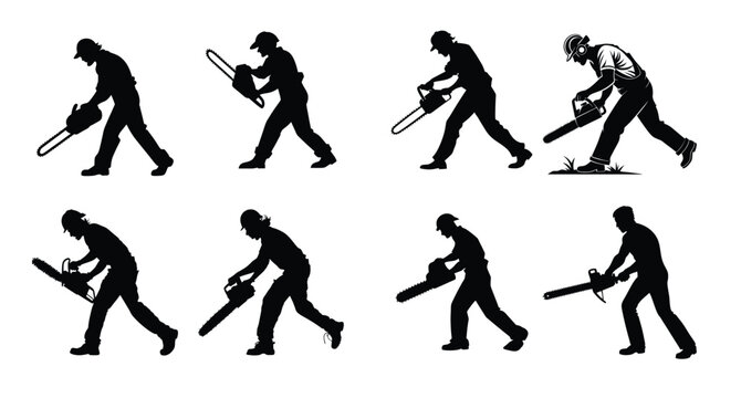 Chainsaw Worker Silhouettes Set: Tree Cutting and Logging Actions for Industrial Use