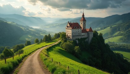 Majestic castle on verdant hill overlooking valley. Winding dirt road leads to ancient fortress. Sunlit rolling fields and mountains create picturesque European scenery.