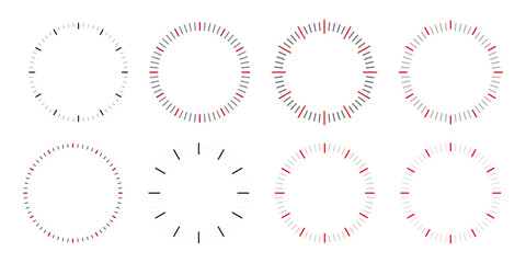 Clock dial watch face vector set. Black clock icon collection with analog faces and clockwise arrows Vector illustration