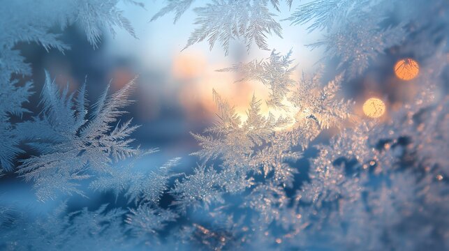Frosted winter window glass with ice crystal patterns and warm bokeh lights