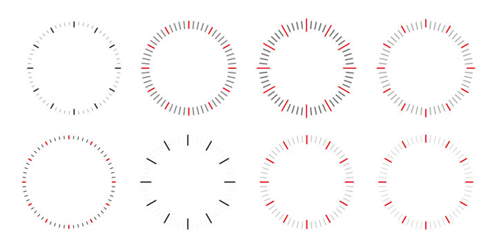 Clock dial watch face vector set. Black clock icon collection with analog faces and clockwise arrows Vector illustration