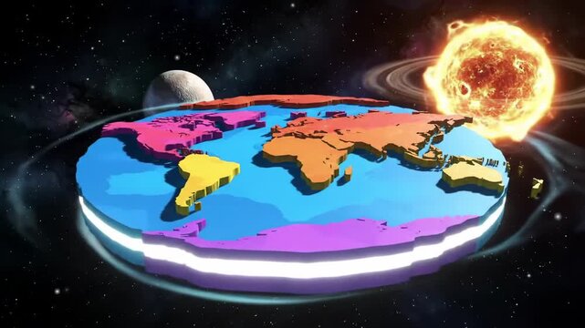 A colorful flat Earth model in space with a glowing base, surrounded by a sun, moon, and ringed planet.