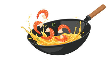 Animated shrimp splashing in hot oil in a wok with green onions.