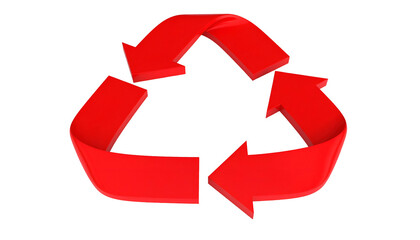 A three-arrowed red symbol, forming a triangle, signifying reuse on a black backdrop