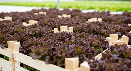 Fresh red leaf lettuce growing in wooden containers