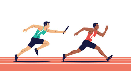 Naklejka premium Athletes passing a baton during a relay race on a track.
