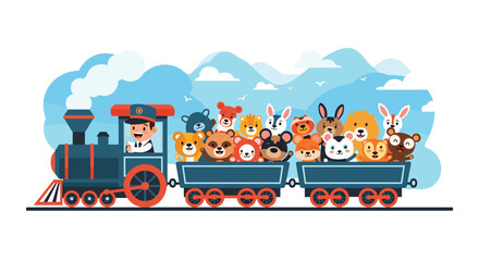 Obraz premium A cartoon train filled with cute animals and a smiling conductor, traveling through a whimsical landscape.