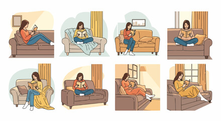 Woman reading book on sofa in cozy home scenes