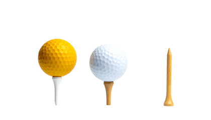 Three golf essentials a yellow ball, white ball, and wooden tee stand out against a black background