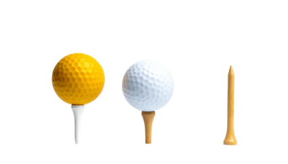 Three golf essentials a yellow ball, white ball, and wooden tee stand out against a black background