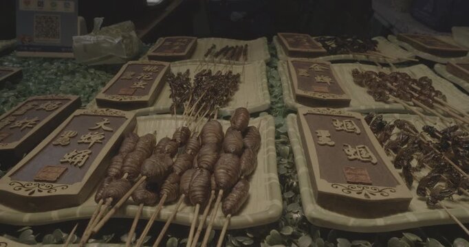 Chengdu, Sichuan, China. Ungraded C LOG 2, Insects on sticks at local Chinese market, close-up view. Various cooked insects thread on skewers. New Source Of Protein, Lipids, Minerals And Vitamins