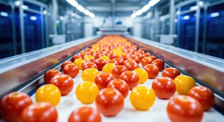 Fresh tomatoes being sorted and processed on a conveyor belt in a food processing plant