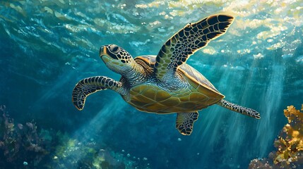 Obraz premium Green sea turtle gliding gracefully underwater in clear ocean waters, marine life and coral habitat