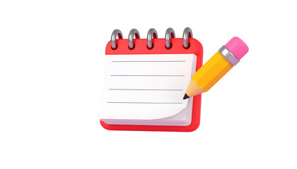 A red notepad with a yellow pencil poised to write on a blank, lined page