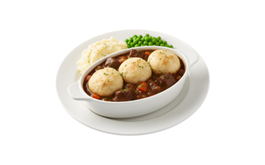 Beef stew served with suet dumplings in a personal casserole dish, accompanied by mashed potatoes and peas.

