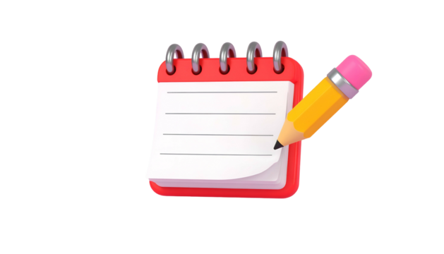 A red notepad with a yellow pencil poised to write on a blank, lined page