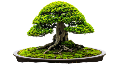 A meticulously sculpted bonsai tree, lush with green foliage, sits in a circular pot