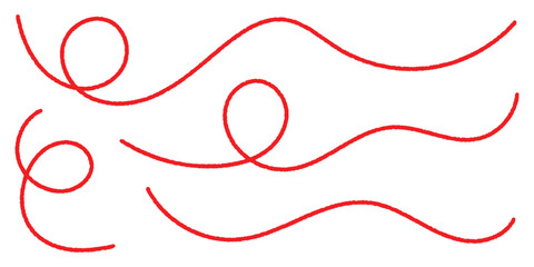 A hand-drawn red thread stroke with loops symbolizing stitching and artistry, suitable for tailoring logos, fabric packaging, and craft-related digital designs.