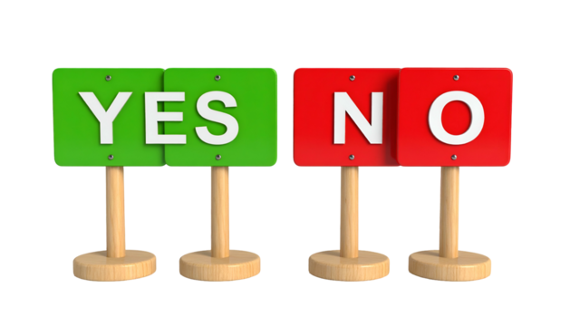 Two signs, one green "YES" and one red "NO," on small wooden stands