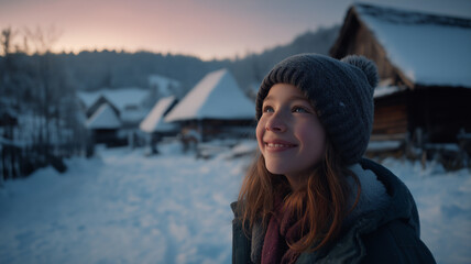 A smiling girl stands in a snowy village, looking up as dusk falls and the sky glows softly Generative AI