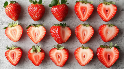 Fresh Ripe Strawberries Halved on Gray Background for Culinary Use