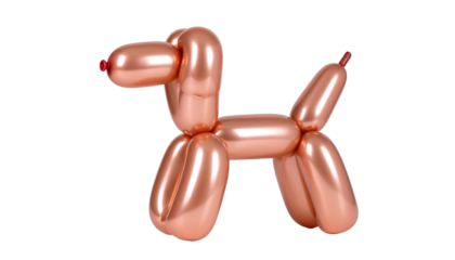 Shiny, copper-colored balloon animal shaped like a dog, on a black background