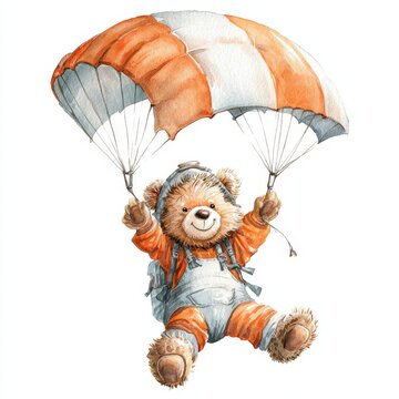 a cute happy teddy bear doing parachuting