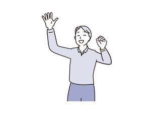 笑顔で手を挙げて合図をする男性