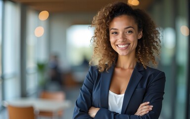 Confident businesswoman smiling in a modern office setting. High quality