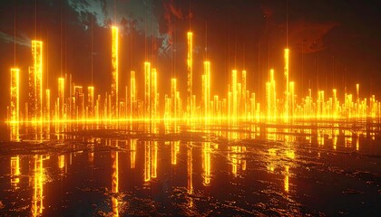 Futuristic cityscape reflection on wet ground with glowing, pillar-like buildings against a stormy sky background
