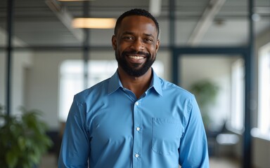 A middle-aged African American man standing at office, wearing blue shirt. High quality