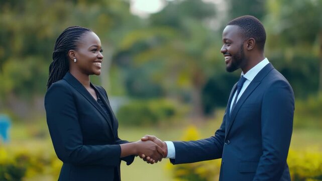 Two professional adults in suits shaking hands, symbolizing a successful business deal or collaboration. Both have smiling faces and appear to be engaged in conversation.
