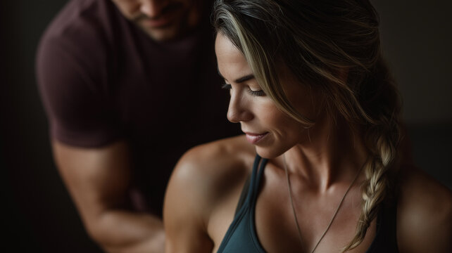 A trainer supports a client through exercises with care in a warm environment Generative AI