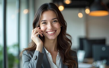 Positive businesswoman with mobile phone in office. High quality