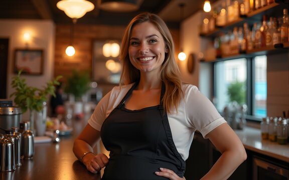 Pregnant bartender smiling at work. High quality
