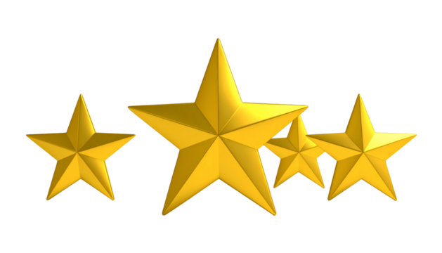 Group of five glossy, gold-colored stars with varying sizes against a black background