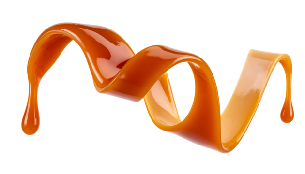 艶やかに流れるキャラメルリボンの甘い質感表現｜背景なし・透過PNG・コピースペース