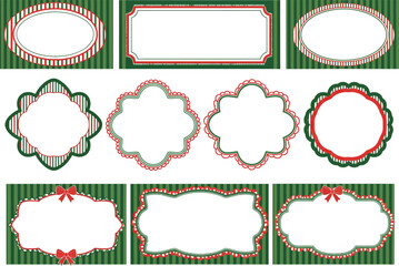 Collection of nine festive christmas themed decorative ornate frames and borders with red green and gold accents on striped background