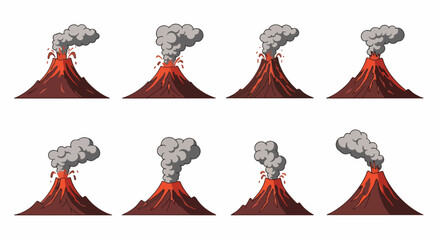 Volcano eruptions in various stages with transparent background