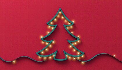 Minimalist Christmas tree outline illuminated with warm glowing lights on a vibrant red background.